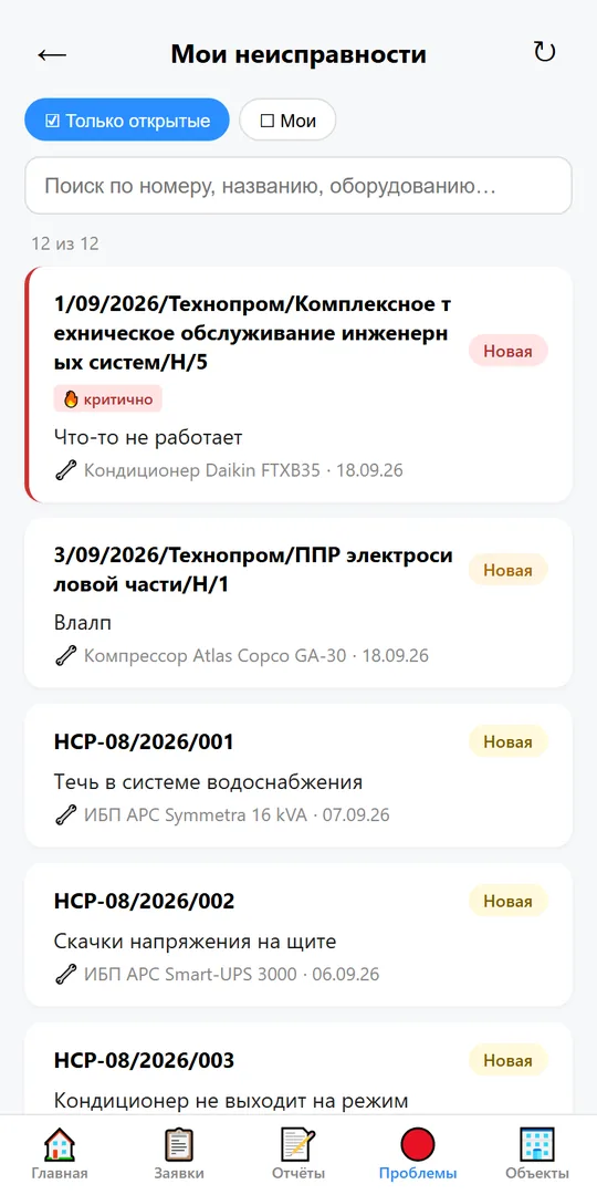 Список неисправностей по объектам