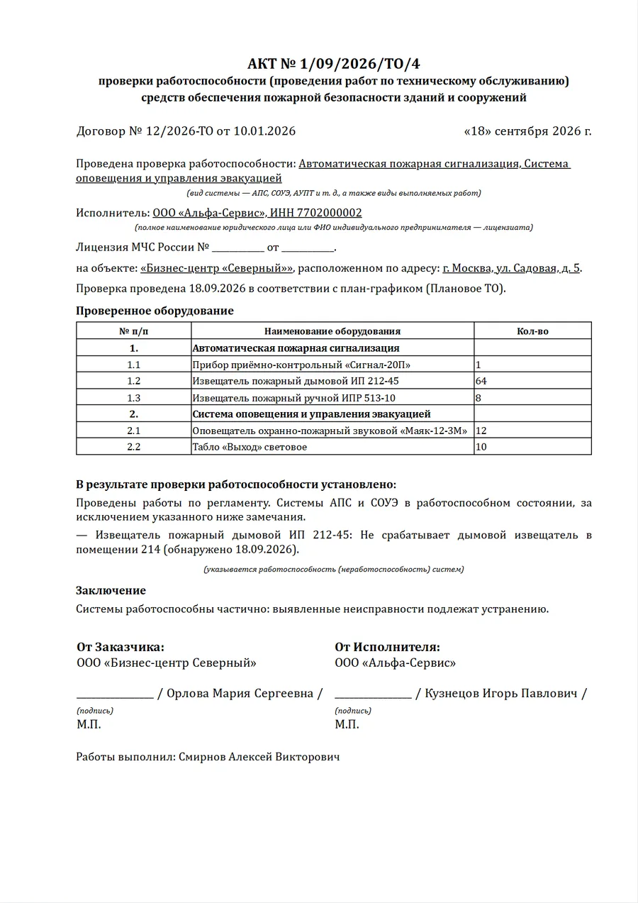 Акт проверки работоспособности систем противопожарной защиты — образец заполнения